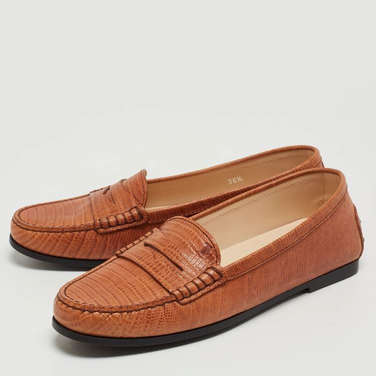 Pre Owned Tod's Brown Lizard Embossed Leather Gommino Penny Slip On Loafers Size 36.5