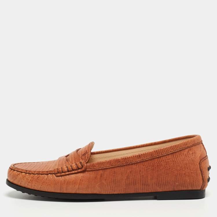 Pre Owned Tod's Brown Lizard Embossed Leather Gommino Penny Slip On Loafers Size 36.5