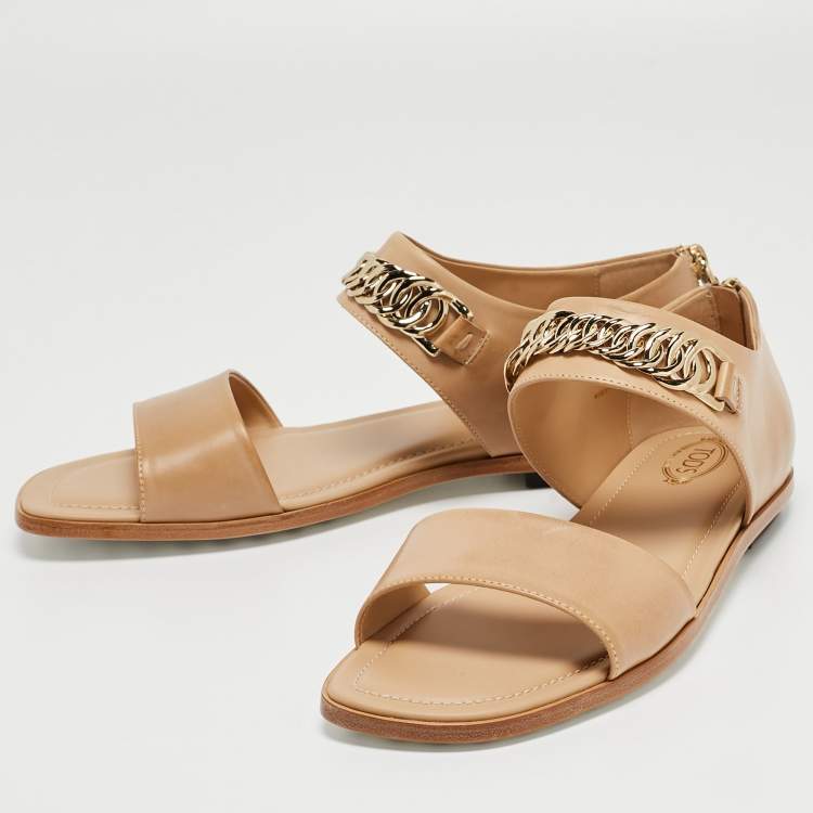 Pre Owned Tod's Brown Leather Chain Link Strap Flat Sandals Size 40