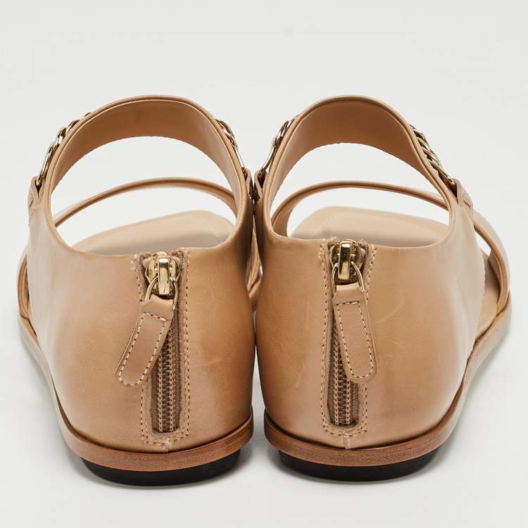 Pre Owned Tod's Brown Leather Chain Link Strap Flat Sandals Size 40