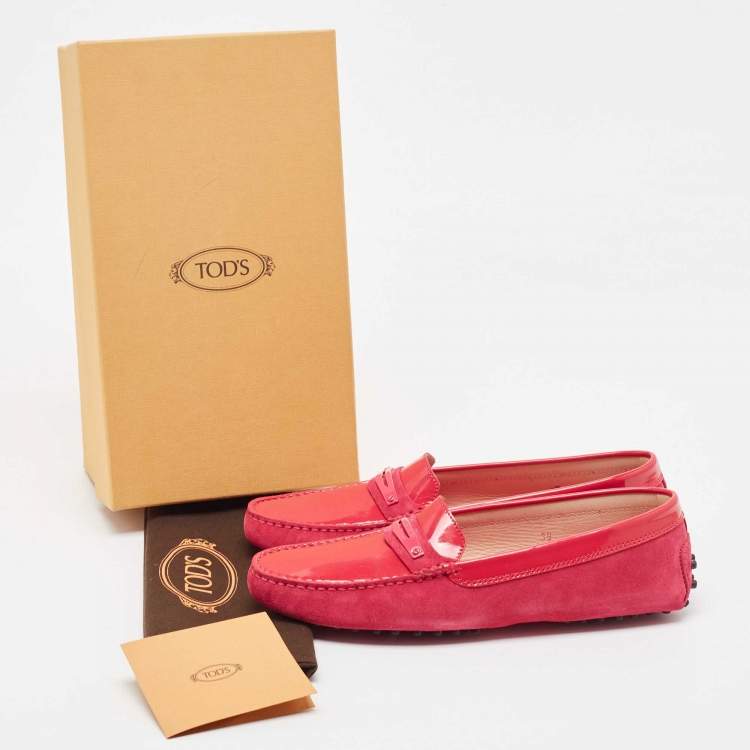 Pre Owned Tod's Red Patent Leather and Suede Gommino Loafers Size 39