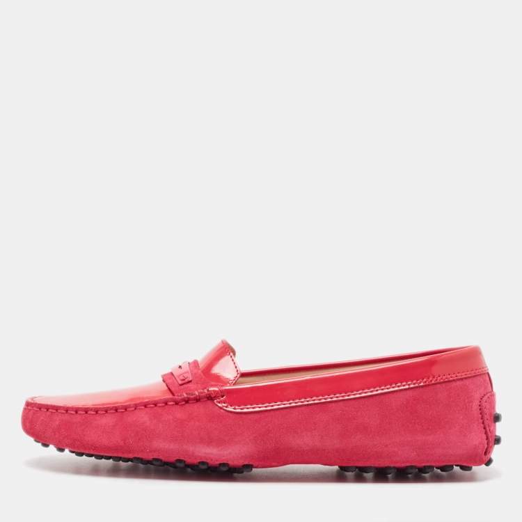 Pre Owned Tod's Red Patent Leather and Suede Gommino Loafers Size 39