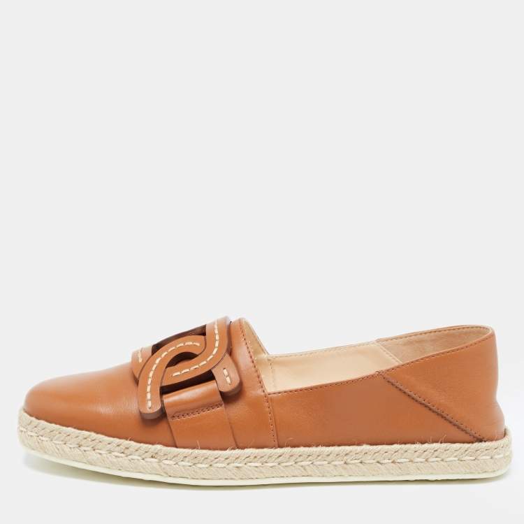 Pre Owned Tod's Brown Leather Chain Detail Espadrille Flats Size 40