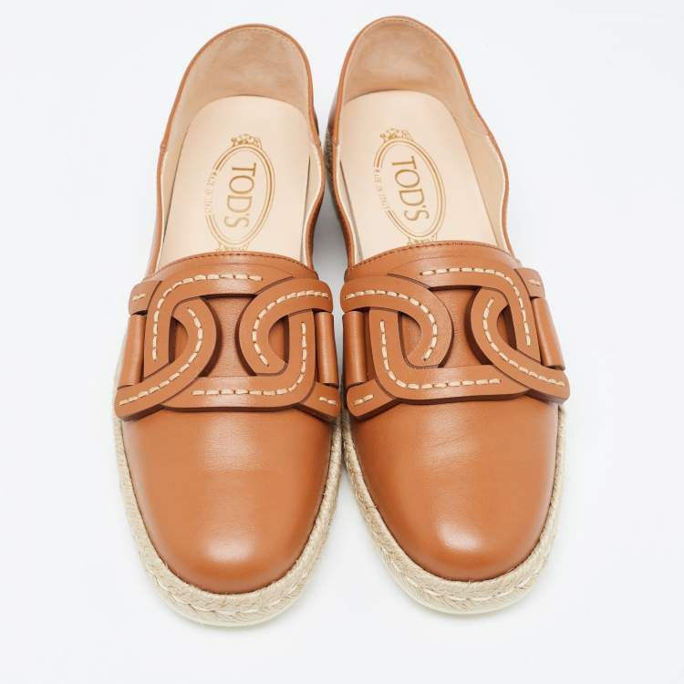 Pre Owned Tod's Brown Leather Chain Detail Espadrille Flats Size 40