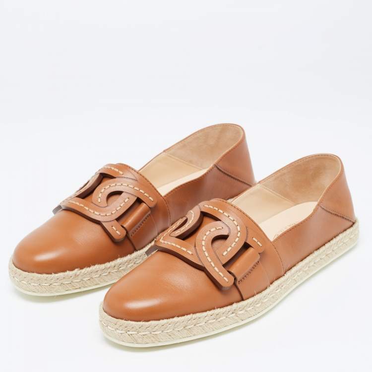 Pre Owned Tod's Brown Leather Chain Detail Espadrille Flats Size 40