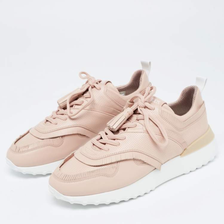 Pre Owned Tod's Pink Perforated Leather Fringed Low Top Sneakers Size 39.5