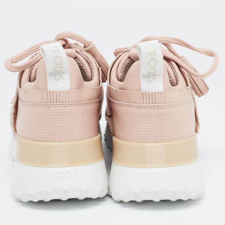 Pre Owned Tod's Pink Perforated Leather Fringed Low Top Sneakers Size 39.5