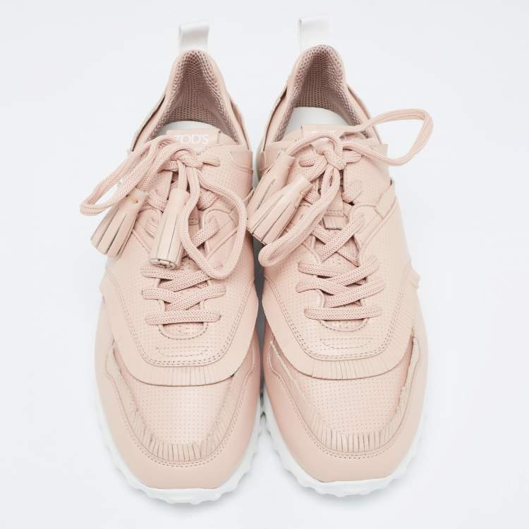 Pre Owned Tod's Pink Perforated Leather Fringed Low Top Sneakers Size 39.5