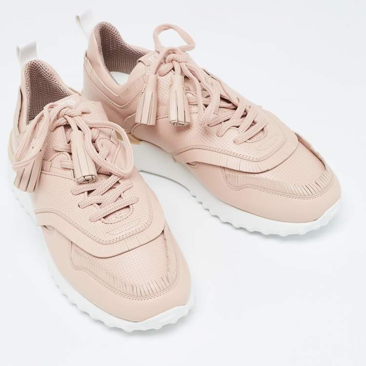 Pre Owned Tod's Pink Perforated Leather Fringed Low Top Sneakers Size 39.5