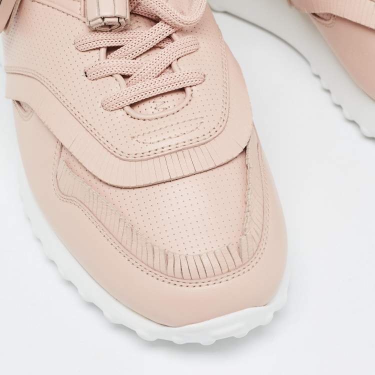 Pre Owned Tod's Pink Perforated Leather Fringed Low Top Sneakers Size 39.5