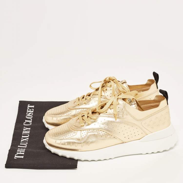 Pre Owned Tod's Metallic Leather Drilled Low Top Sneakers Size 39.5
