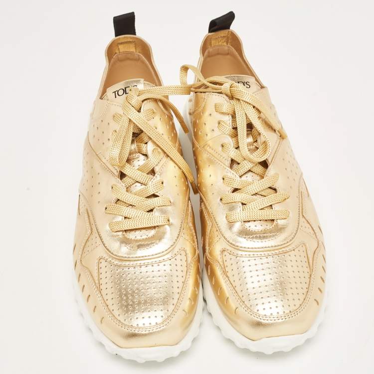 Pre Owned Tod's Metallic Leather Drilled Low Top Sneakers Size 39.5