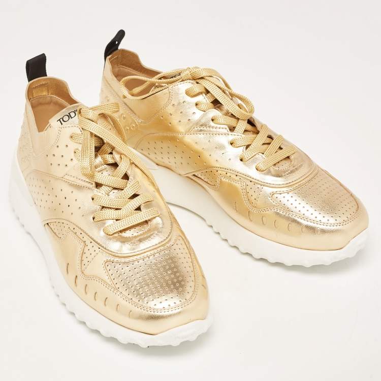 Pre Owned Tod's Metallic Leather Drilled Low Top Sneakers Size 39.5