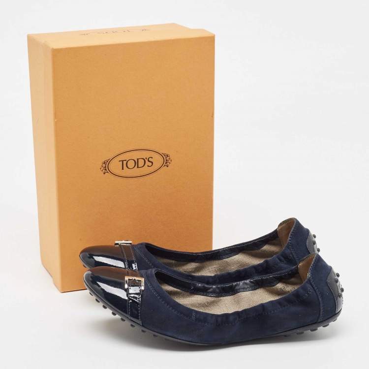 Pre Owned Tod's Blue Patent Leather and Suede Cap Toe Buckle Detail Ballet Flats Size 39.5