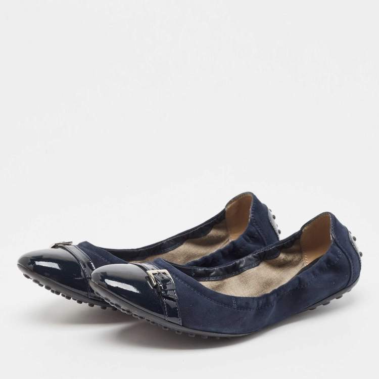 Pre Owned Tod's Blue Patent Leather and Suede Cap Toe Buckle Detail Ballet Flats Size 39.5