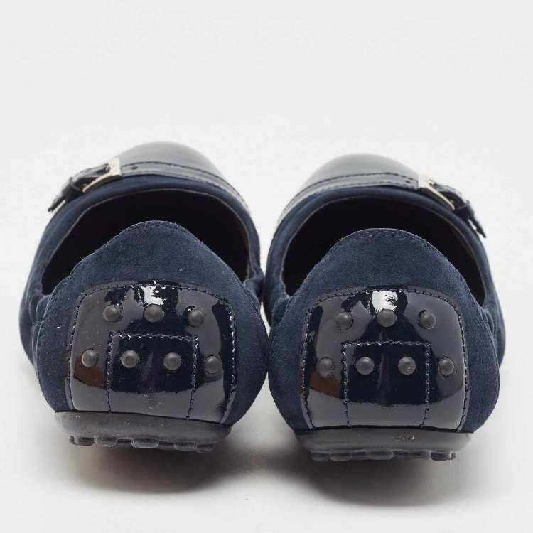Pre Owned Tod's Blue Patent Leather and Suede Cap Toe Buckle Detail Ballet Flats Size 39.5