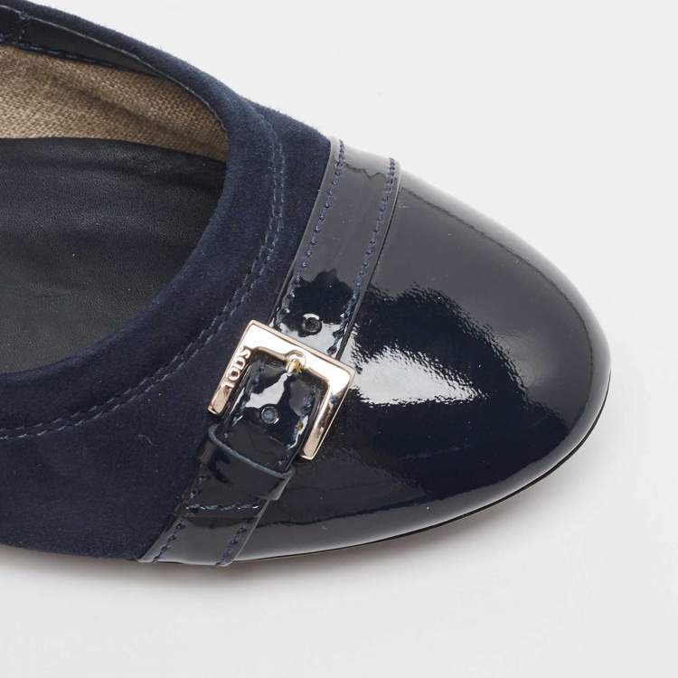Pre Owned Tod's Blue Patent Leather and Suede Cap Toe Buckle Detail Ballet Flats Size 39.5