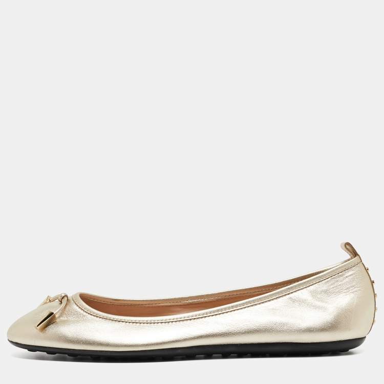 Pre Owned Tod's Metallic Gold Leather Ballet Flats Size 41.5
