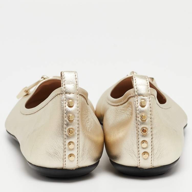 Pre Owned Tod's Metallic Gold Leather Ballet Flats Size 41.5