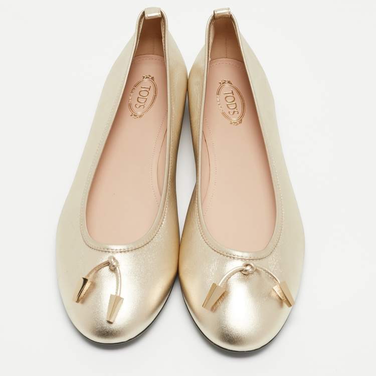 Pre Owned Tod's Metallic Gold Leather Ballet Flats Size 41.5