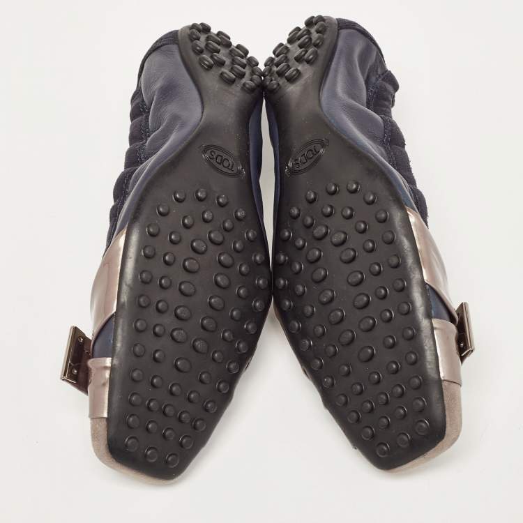 Pre Owned Tod's Navy Blue/Grey Patent Leather and Suede Scrunch Ballet Flats Size 35