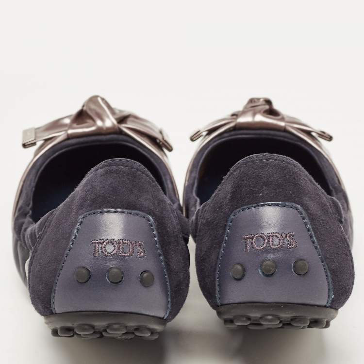 Pre Owned Tod's Navy Blue/Grey Patent Leather and Suede Scrunch Ballet Flats Size 35