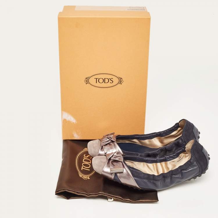 Pre Owned Tod's Navy Blue/Grey Patent Leather and Suede Scrunch Ballet Flats Size 35
