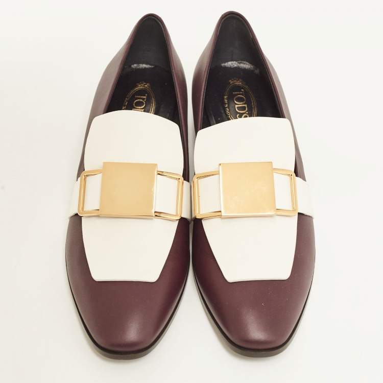 Pre Owned Tod's Dark Purple and White Leather Stone Embellished Slip On Loafers Size 38