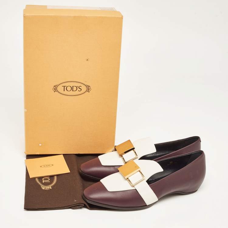 Pre Owned Tod's Dark Purple and White Leather Stone Embellished Slip On Loafers Size 38