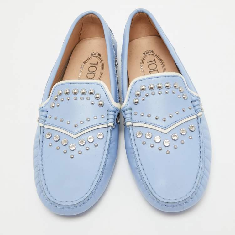 Pre Owned Tod's Blue Leather Crystal Embellished Loafers Size 37