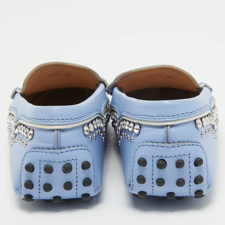 Pre Owned Tod's Blue Leather Crystal Embellished Loafers Size 37