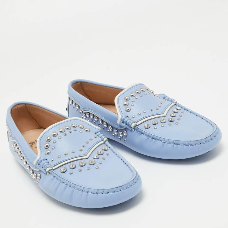 Pre Owned Tod's Blue Leather Crystal Embellished Loafers Size 37