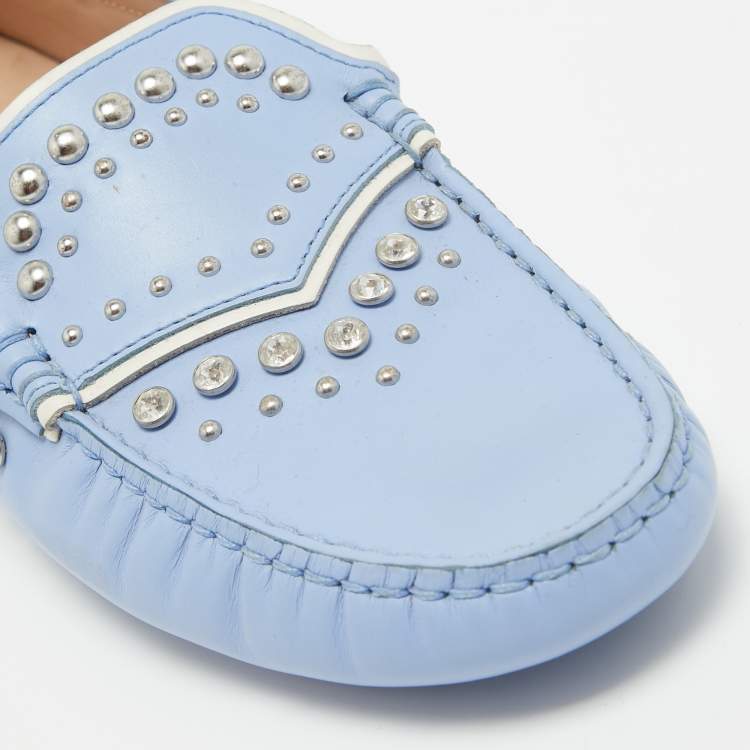Pre Owned Tod's Blue Leather Crystal Embellished Loafers Size 37