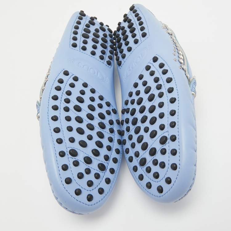 Pre Owned Tod's Blue Leather Crystal Embellished Loafers Size 37