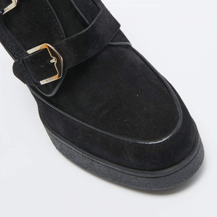 Pre Owned Tod's Black Suede Buckle Block Heel Booties Size 39