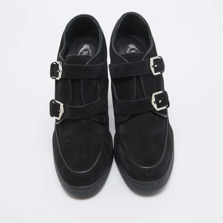 Pre Owned Tod's Black Suede Buckle Block Heel Booties Size 39