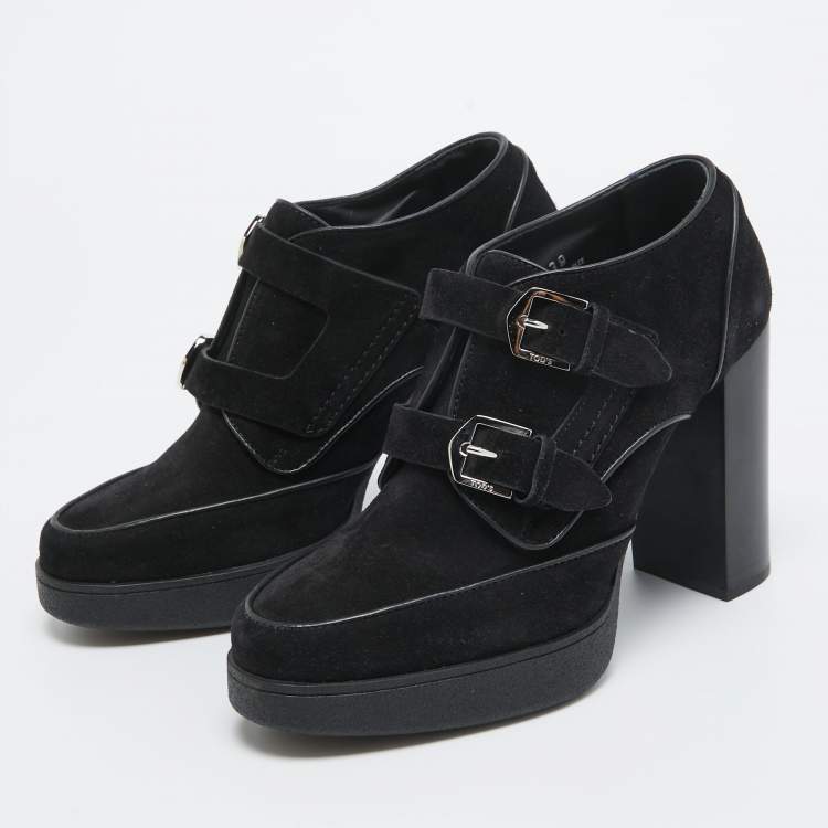Pre Owned Tod's Black Suede Buckle Block Heel Booties Size 39