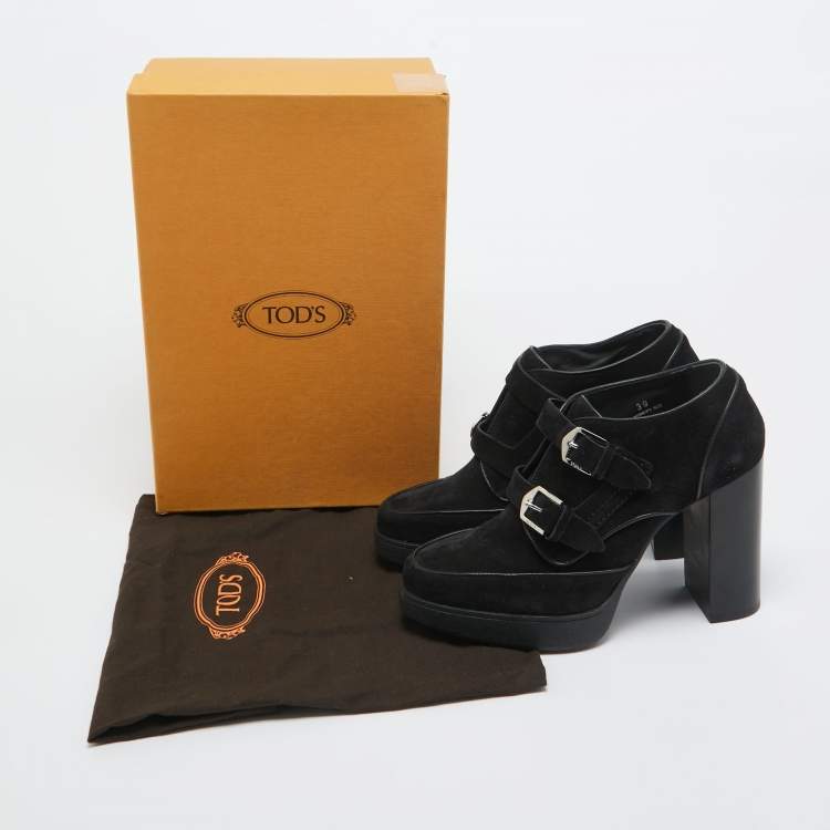 Pre Owned Tod's Black Suede Buckle Block Heel Booties Size 39