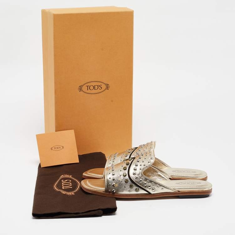 Pre Owned Tod's Metallic Gold Leather Studded Embellished Flat Slides Size 37.5