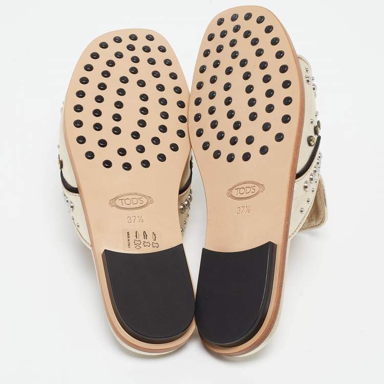 Pre Owned Tod's Metallic Gold Leather Studded Embellished Flat Slides Size 37.5