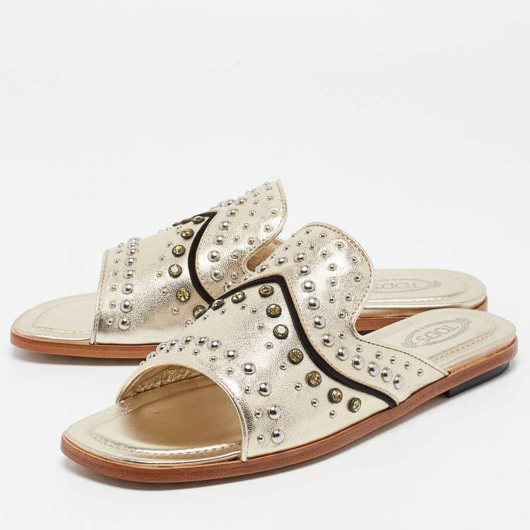 Pre Owned Tod's Metallic Gold Leather Studded Embellished Flat Slides Size 37.5