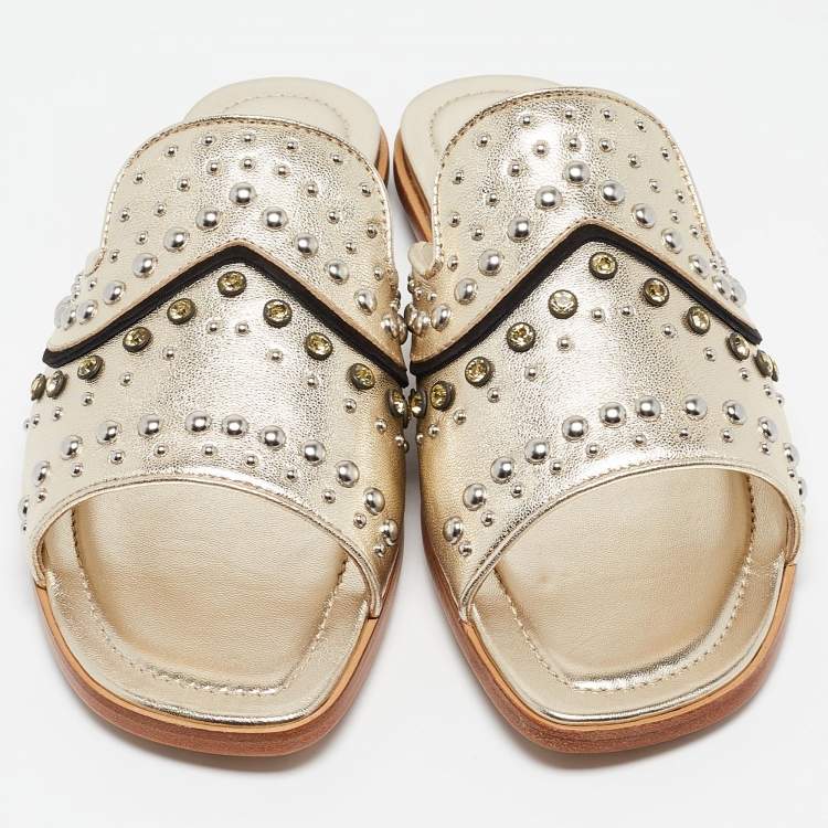 Pre Owned Tod's Metallic Gold Leather Studded Embellished Flat Slides Size 37.5