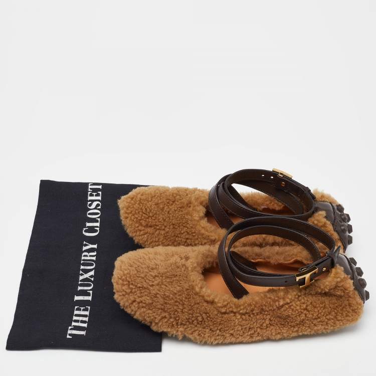 Pre Owned Tod's Brown Wool Ankle Strap Scrunch Ballet Flats Size 37