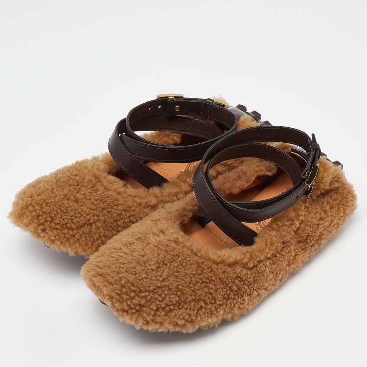 Pre Owned Tod's Brown Wool Ankle Strap Scrunch Ballet Flats Size 37