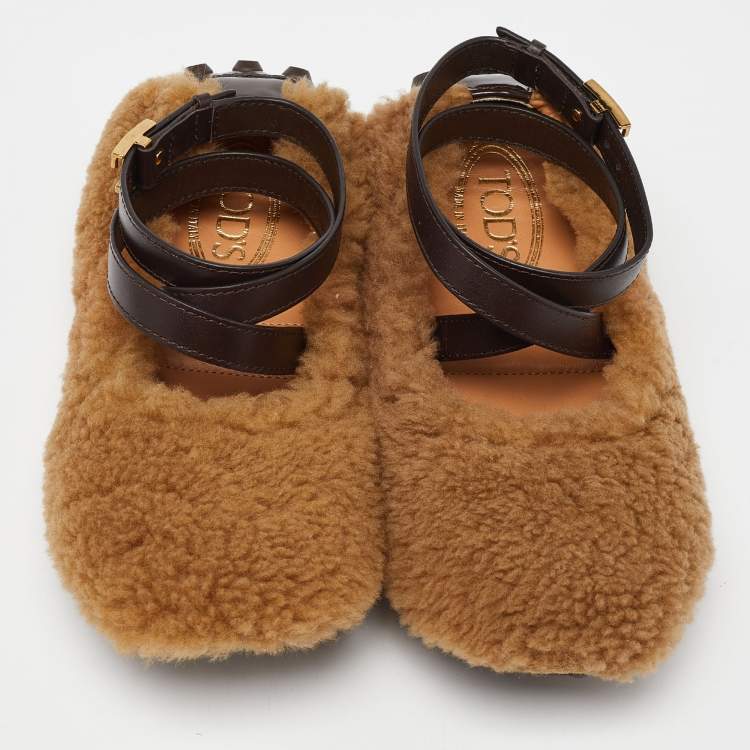 Pre Owned Tod's Brown Wool Ankle Strap Scrunch Ballet Flats Size 37