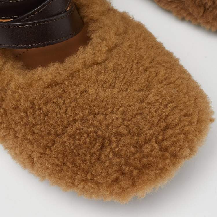 Pre Owned Tod's Brown Wool Ankle Strap Scrunch Ballet Flats Size 37