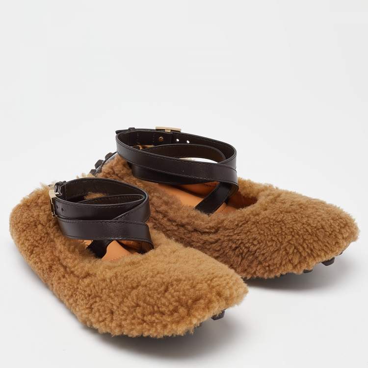 Pre Owned Tod's Brown Wool Ankle Strap Scrunch Ballet Flats Size 37