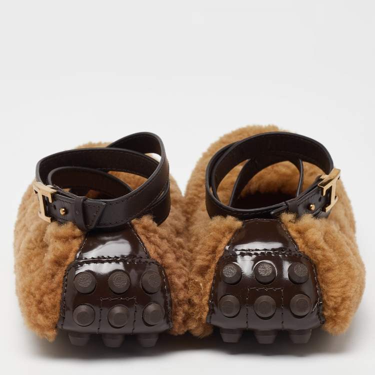 Pre Owned Tod's Brown Wool Ankle Strap Scrunch Ballet Flats Size 37