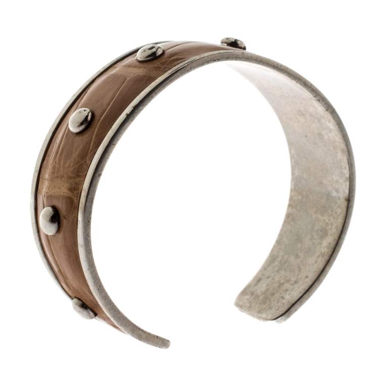 Pre Owned Tod's Tan Embossed Leather Studded Silver Tone Narrow Cuff Bracelet