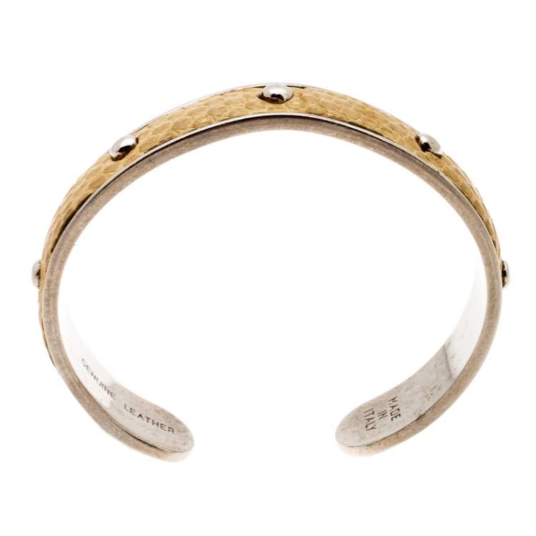 Pre Owned Tod's Mustard Leather Studded Silver Tone Narrow Cuff Bracelet
